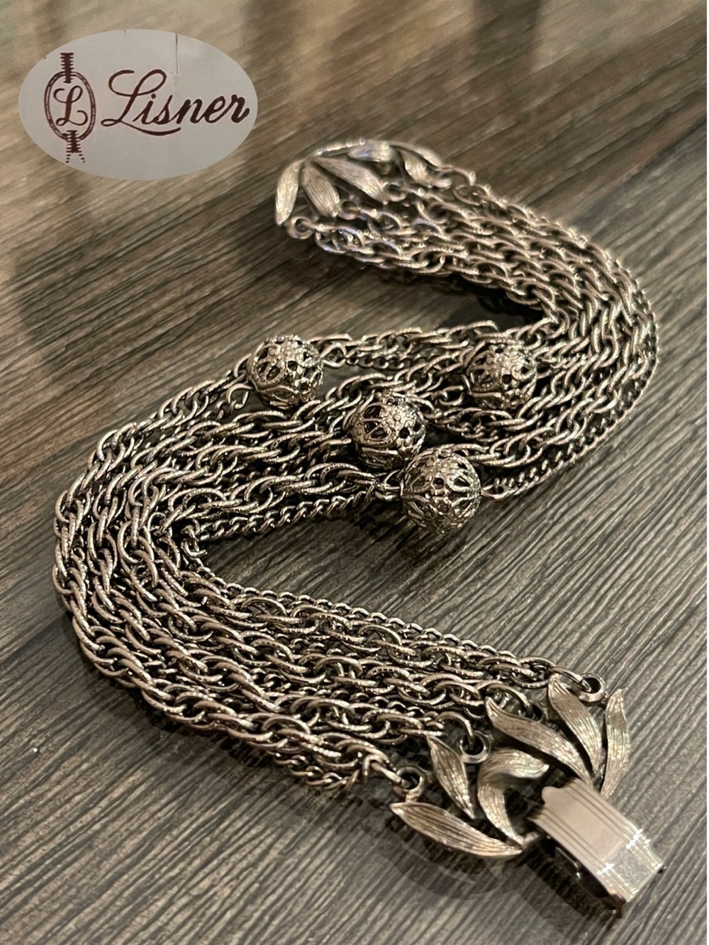 Lisner Antique Silver-tone Chain Bracelet 8 Strands Filigree Beads Leaf Clasp